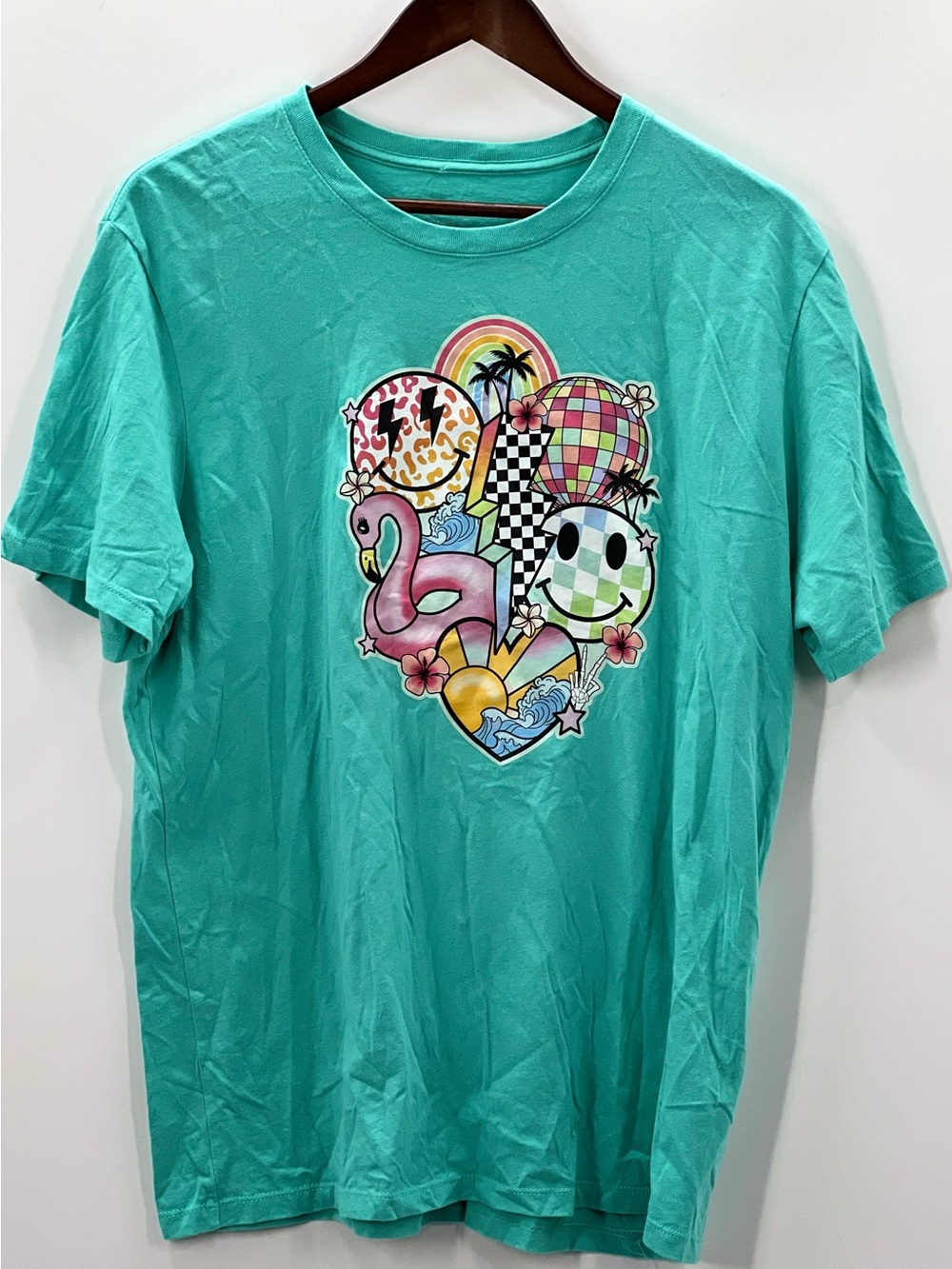 374 bcg Large Teal Graphic Short Sleeve Tee with Colorful Heart Collage
